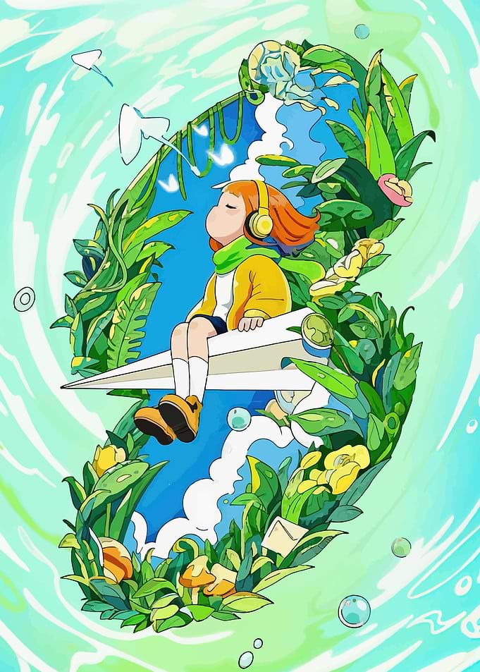 Girl on Paper Airplane in Nature