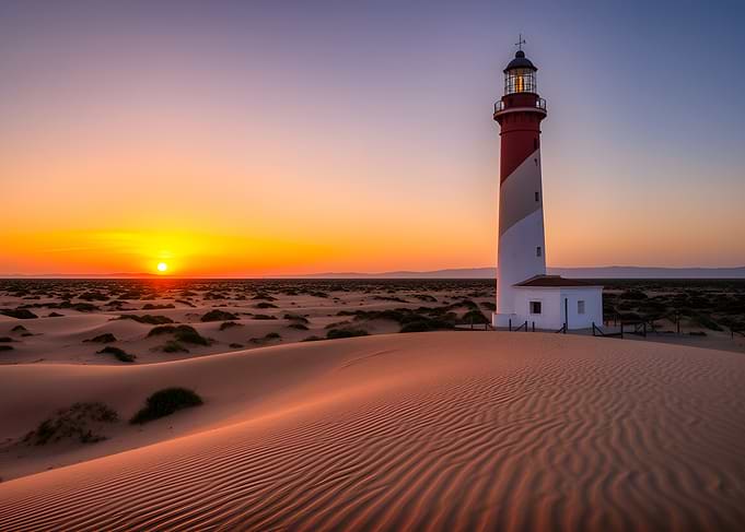 Lighthouse at sunset over sand dunes