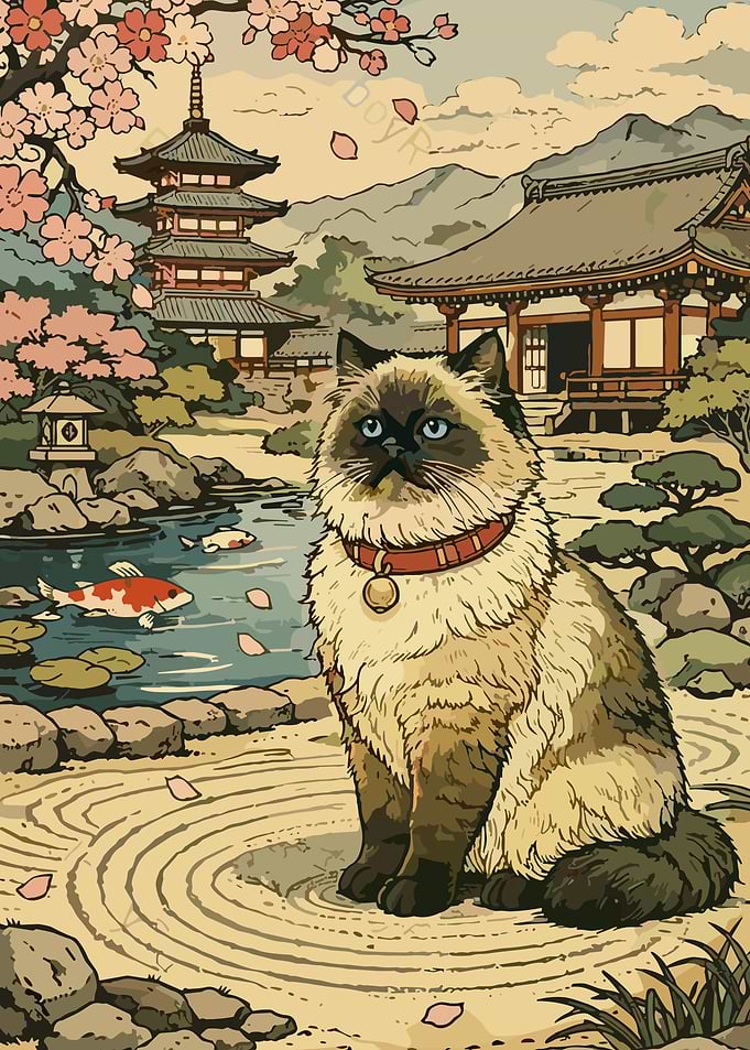 Siamese Cat Japanese Garden Poster Zen Cherry Blossom Wall Art Cat Decor