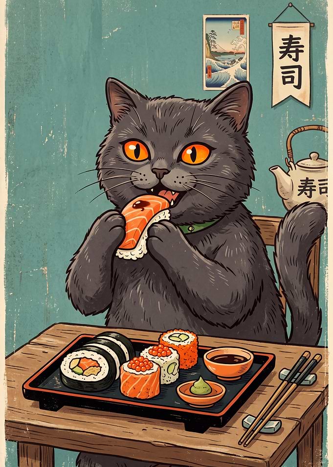 Cat Eating Sushi