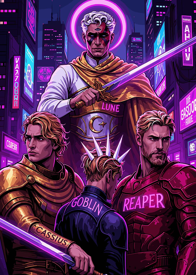 Red Rising Cyberpunk Fantasy Characters with Swords