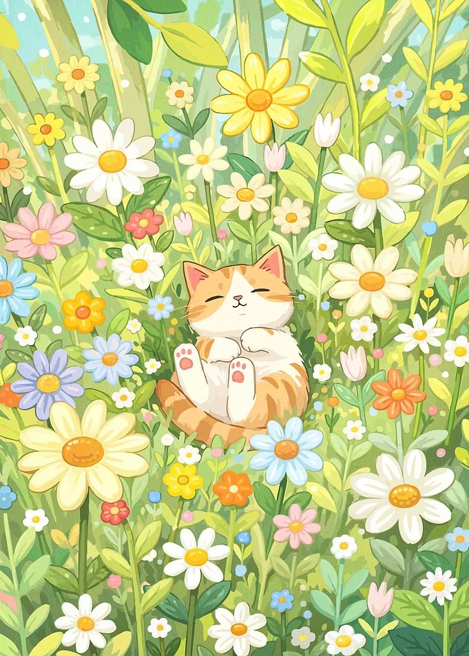Cute Cat Sleeping in a Field of Flowers
