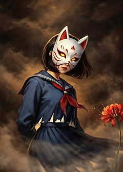 Girl in Kitsune Mask and School Uniform