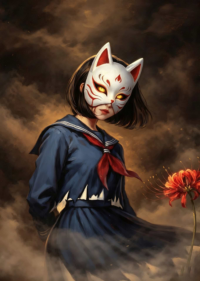 Girl in Kitsune Mask and School Uniform