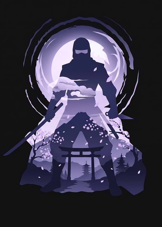 Ninja Silhouette with Japanese Landscape