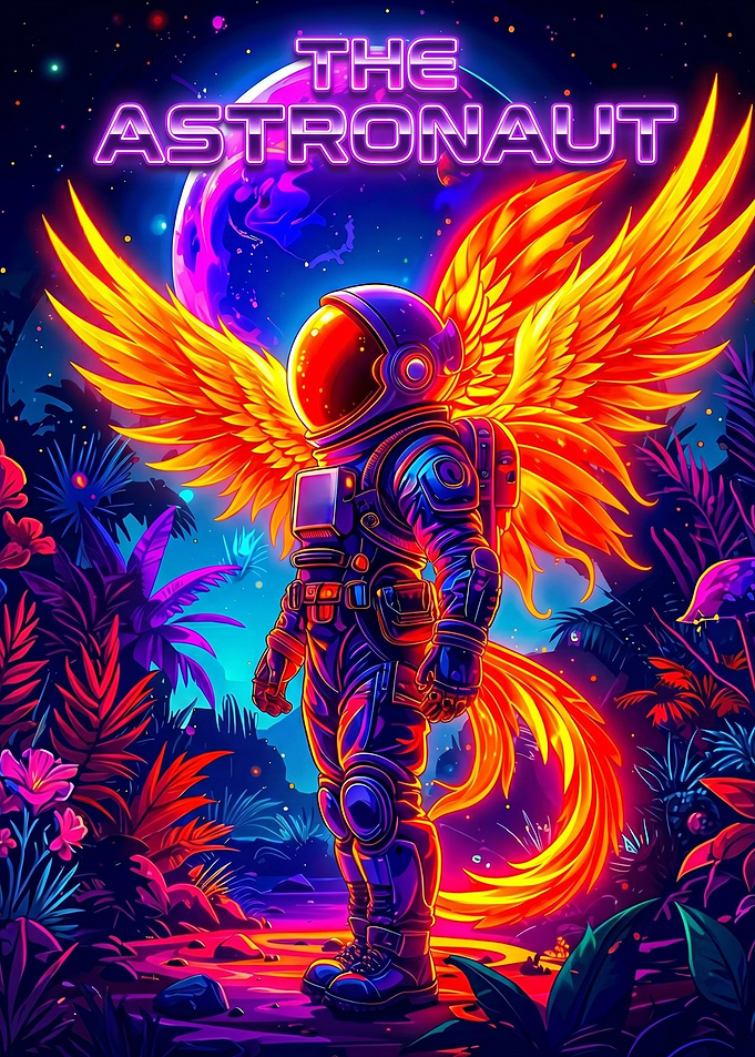 Astronaut with Fiery Wings in Alien Jungle