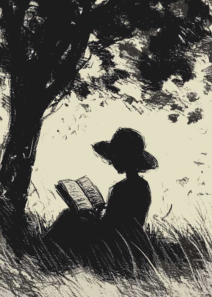 Silhouette of a person reading under a tree