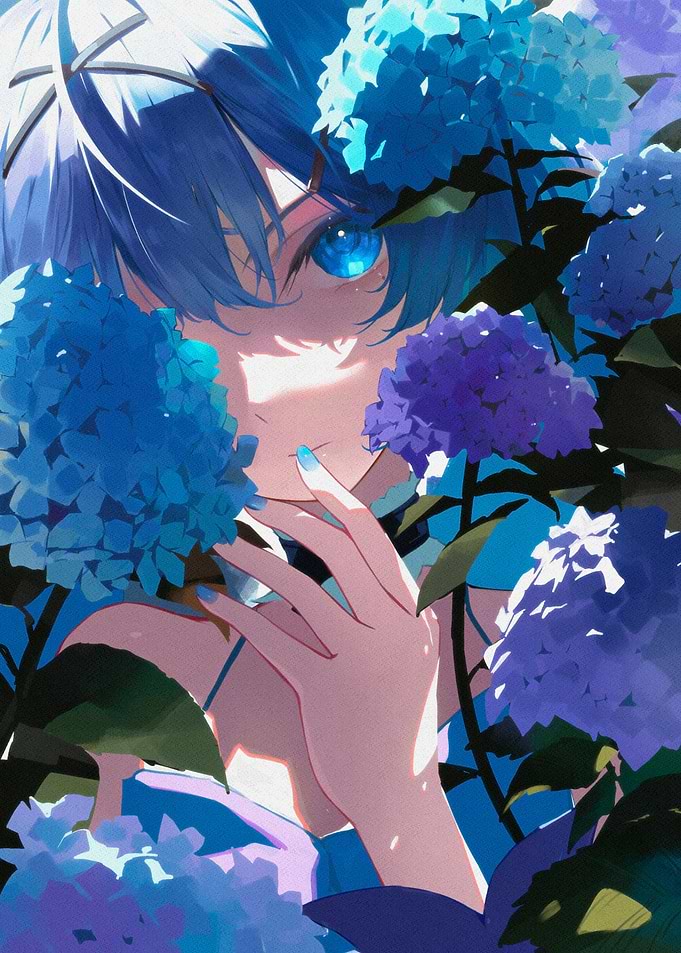 Girl Among Blue Hydrangeas