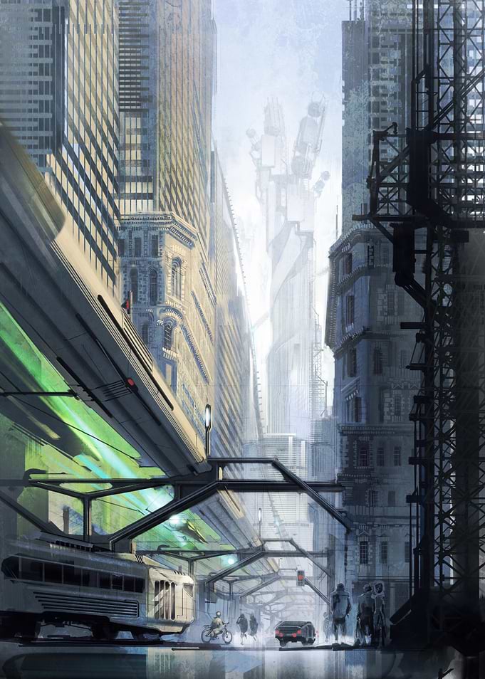 Futuristic Cityscape with Elevated Train