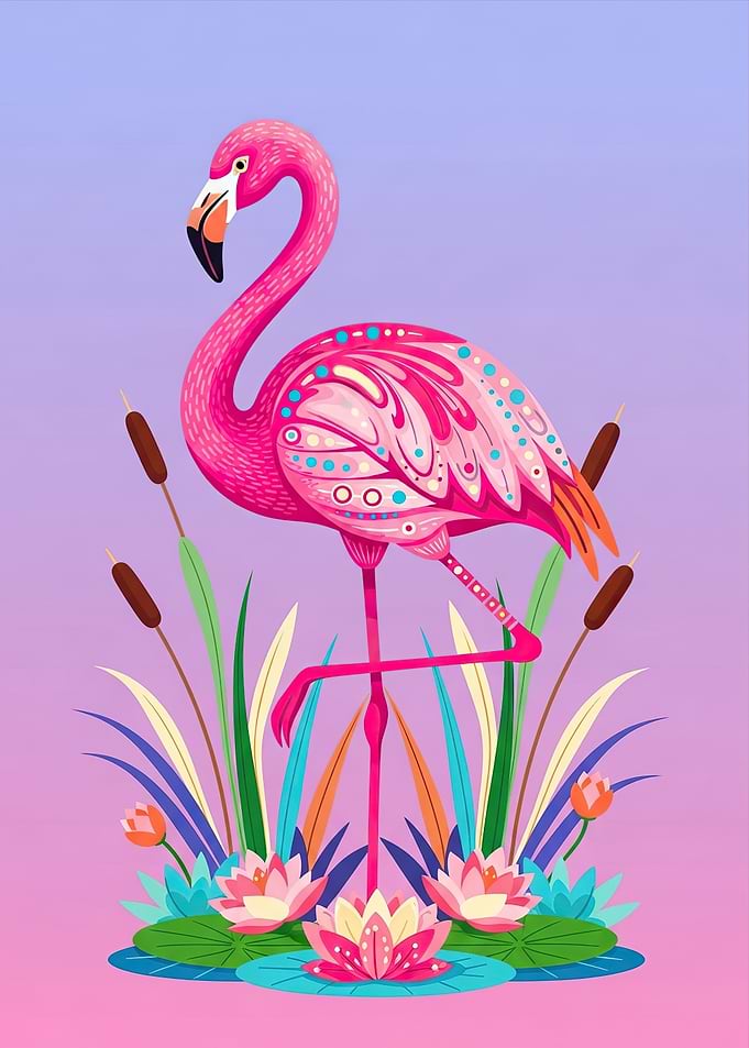 Pink Flamingo in a Floral Pond
