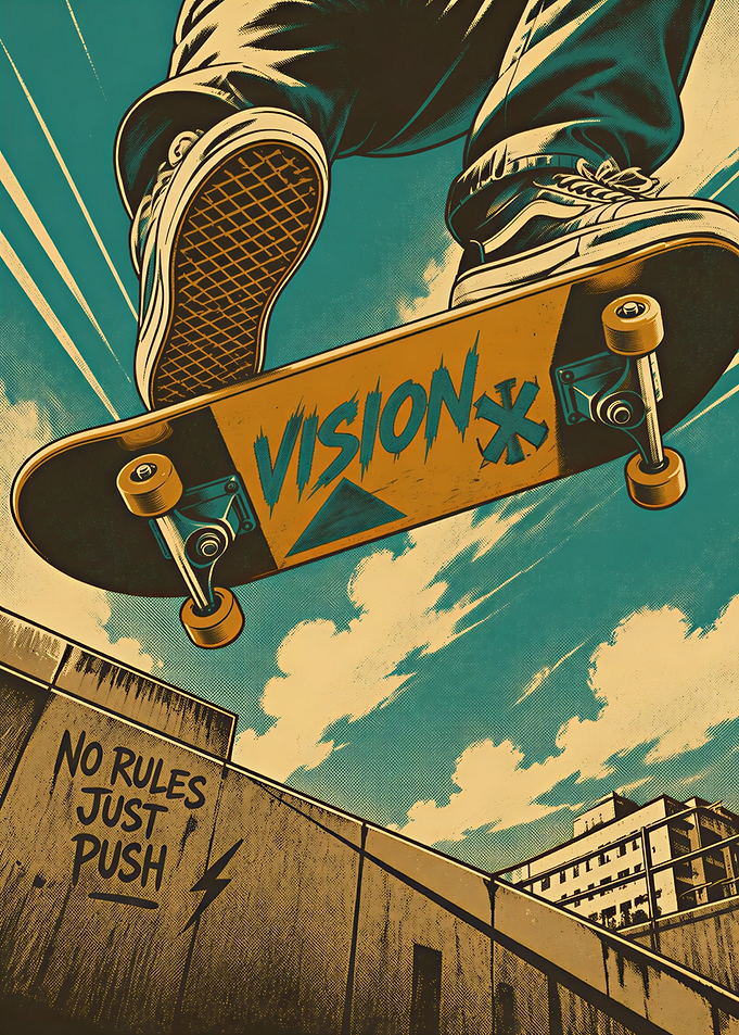 Skateboarder mid-air with Vision X logo