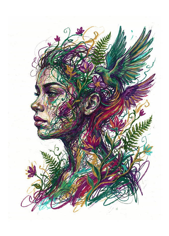 Woman's Face with Flowers and Birds