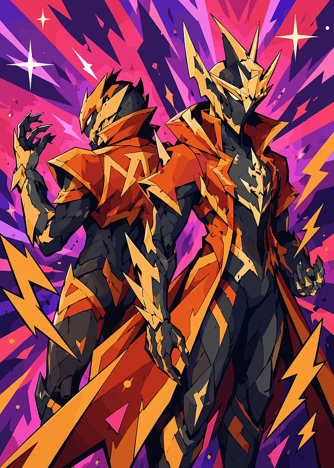 Warframe Two Futuristic Warriors in Orange and Black