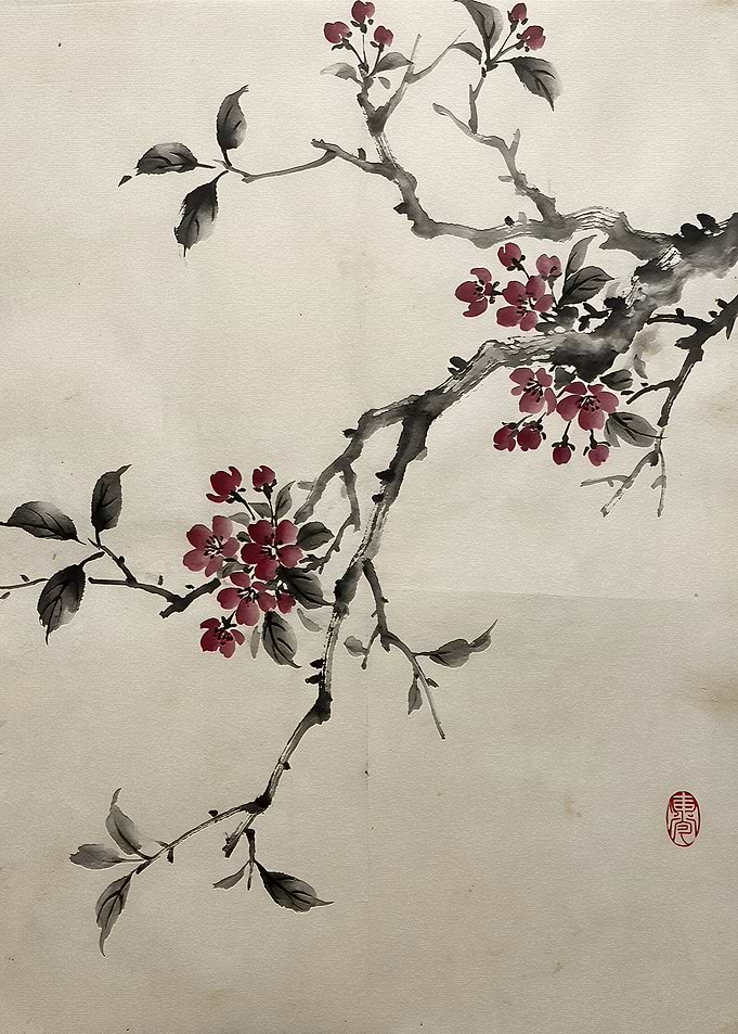 Japanese Ink Painting of Cherry Blossoms