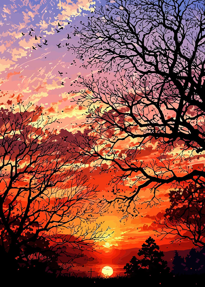 Dramatic Sunset Through Silhouetted Trees