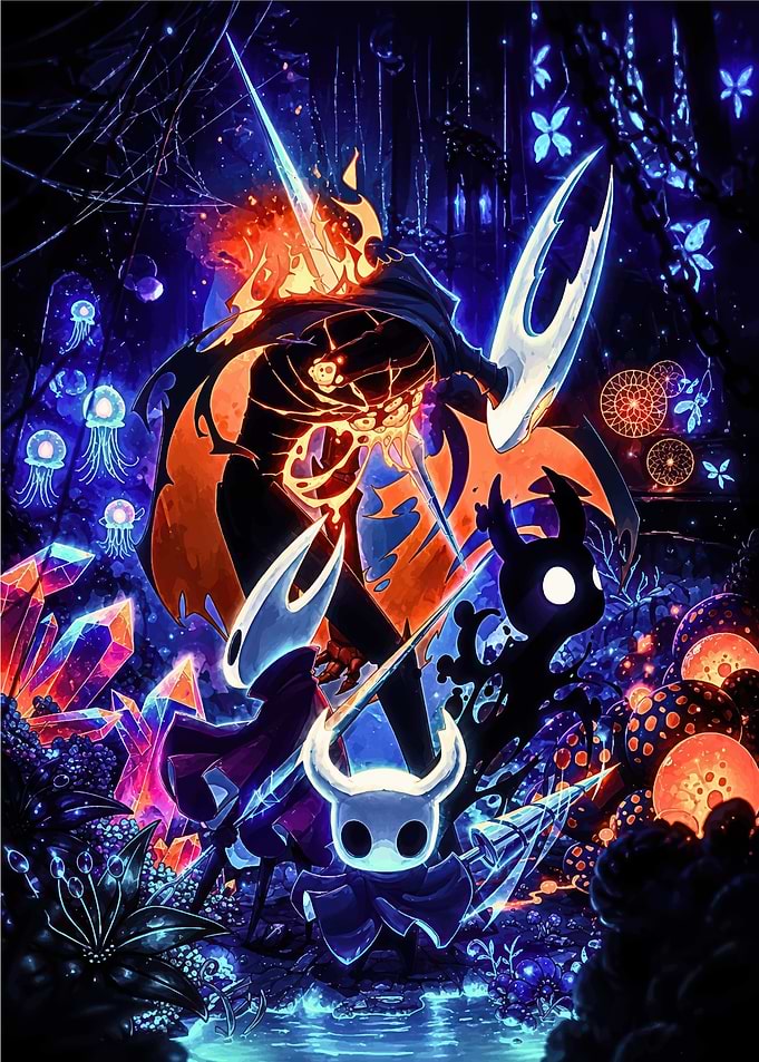 Hollow Knight Characters in Fiery Landscape