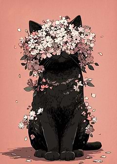 Black Cat with Cherry Blossoms