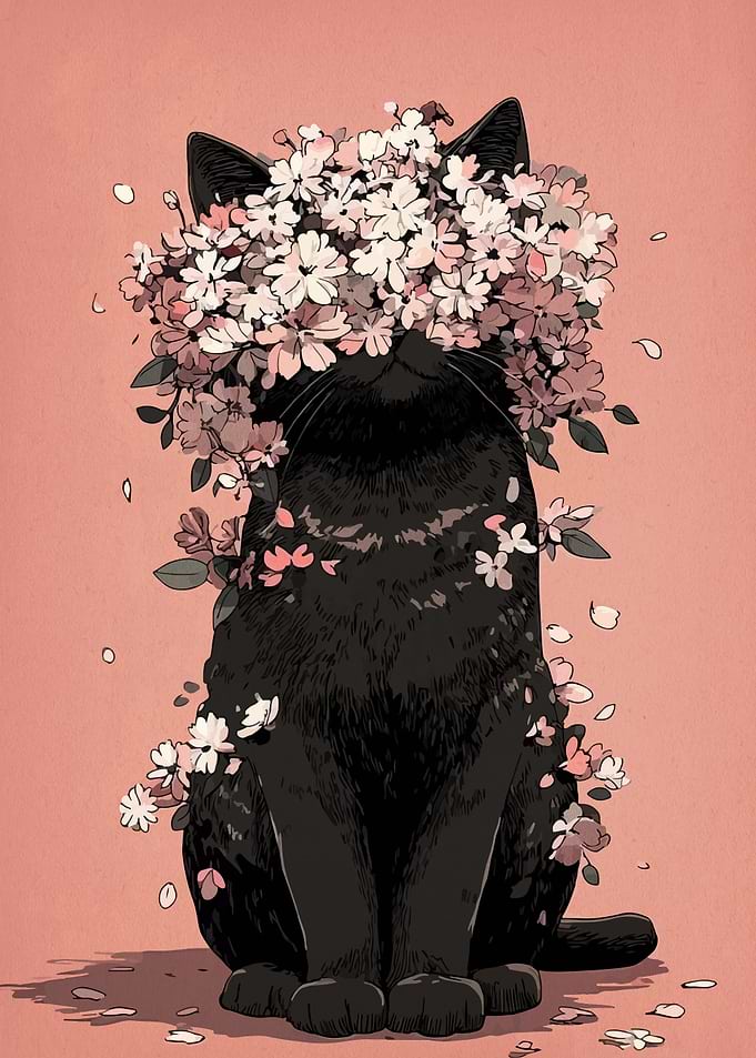 Black Cat with Cherry Blossoms