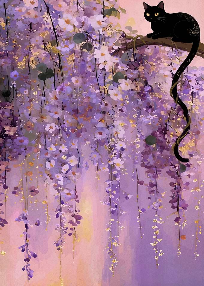 Black Cat on Wisteria Branch