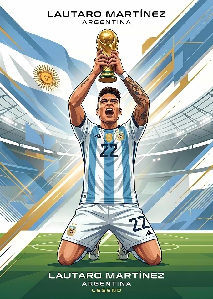 Lautaro Martínez holding the World Cup trophy