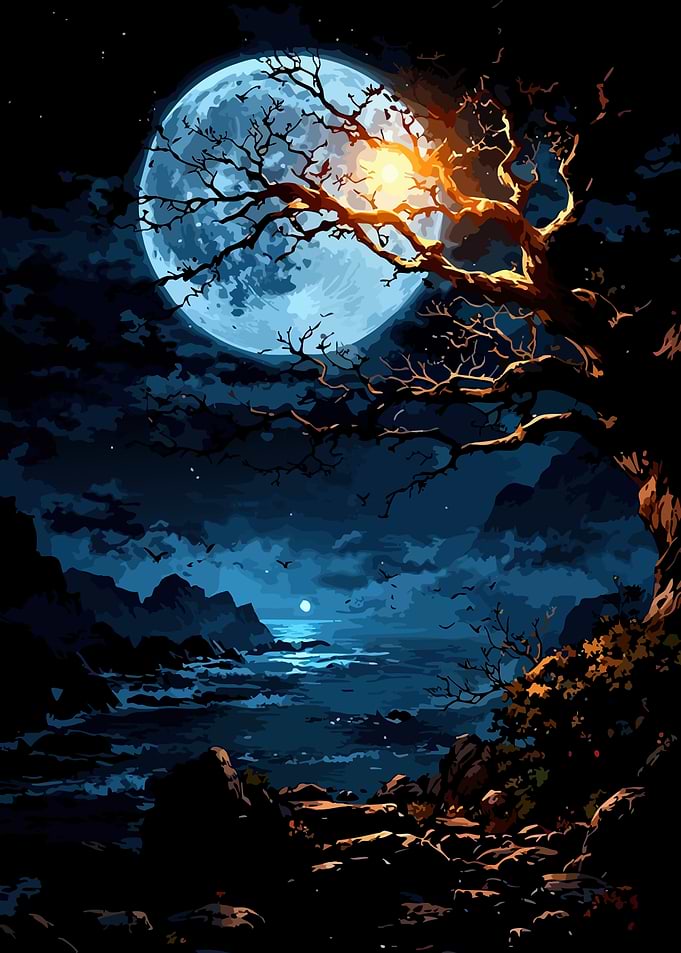 Moonlit Coastal Landscape with Tree