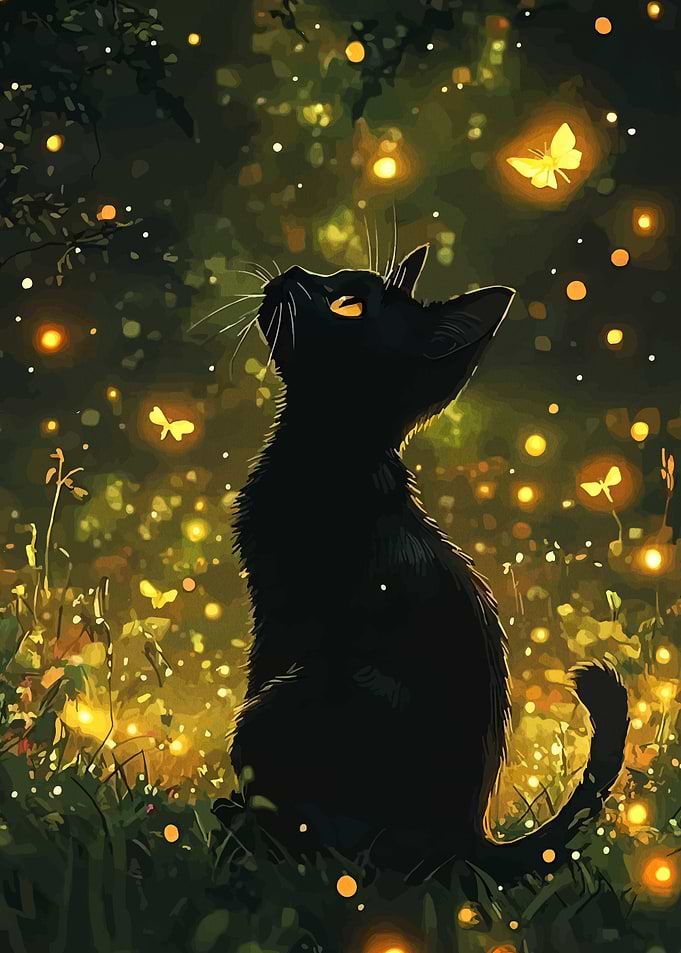 Black cat in a magical forest