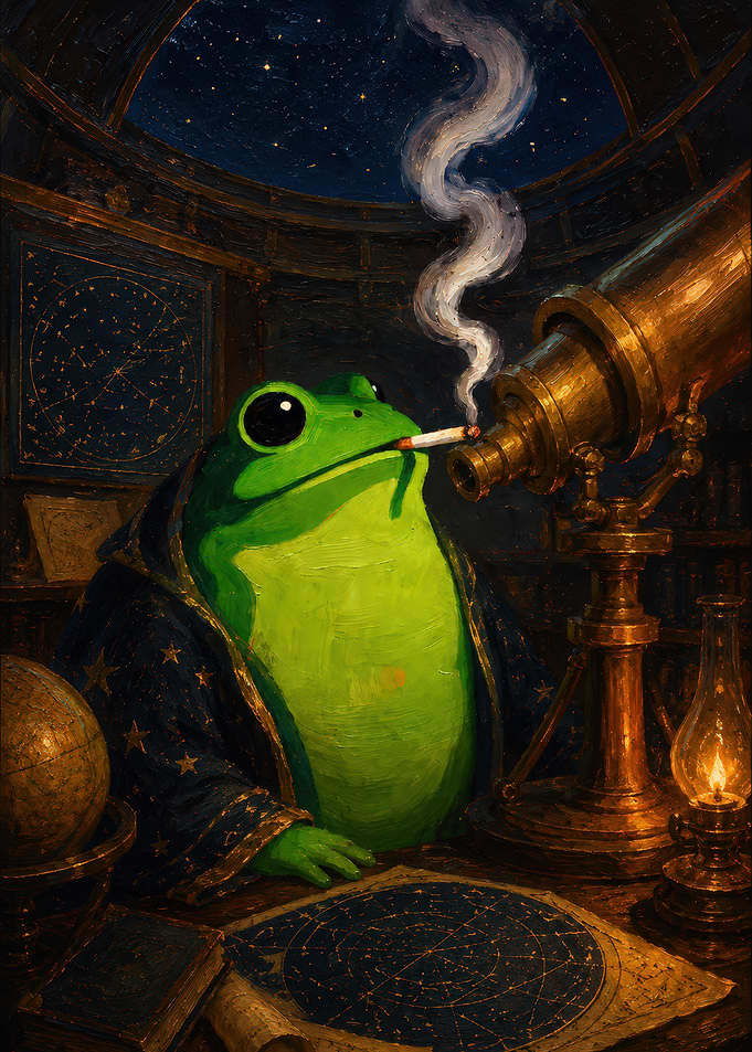 Frog Wizard Smoking by Telescope