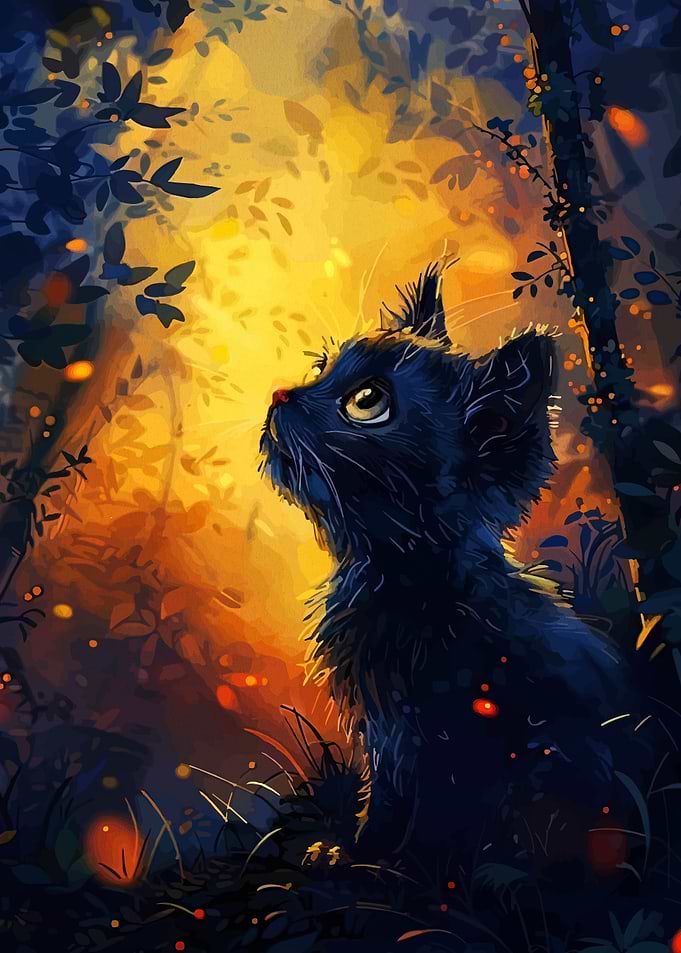 Black kitten in a magical forest