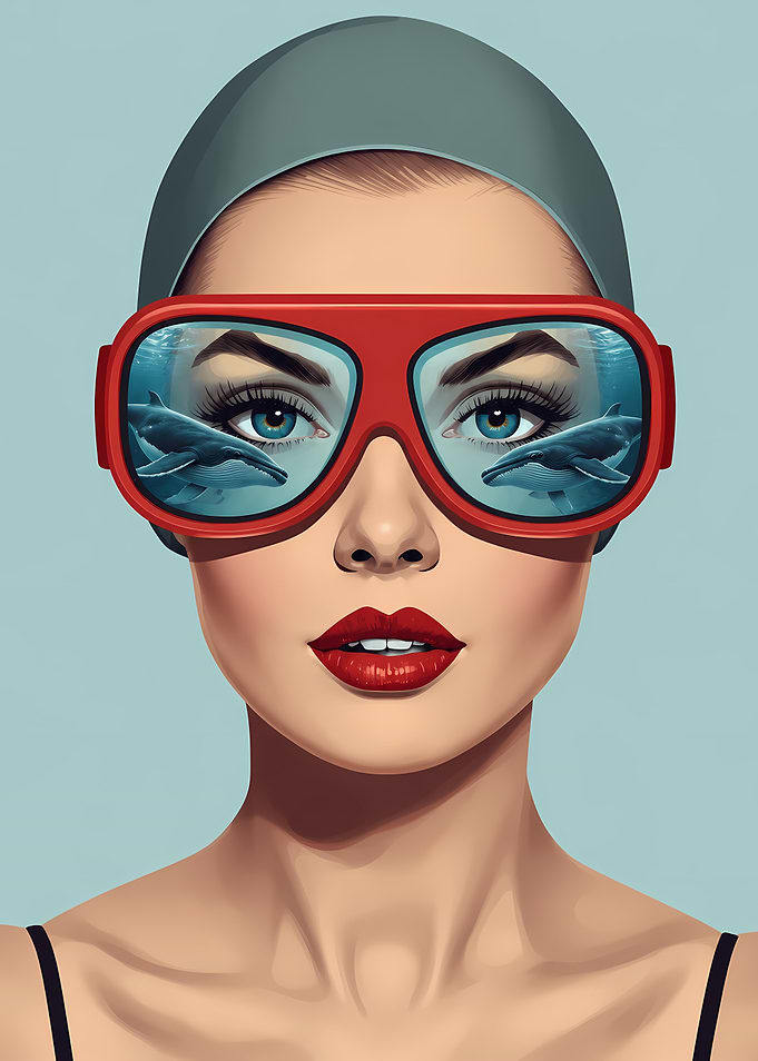 Woman in Goggles Reflecting Whales