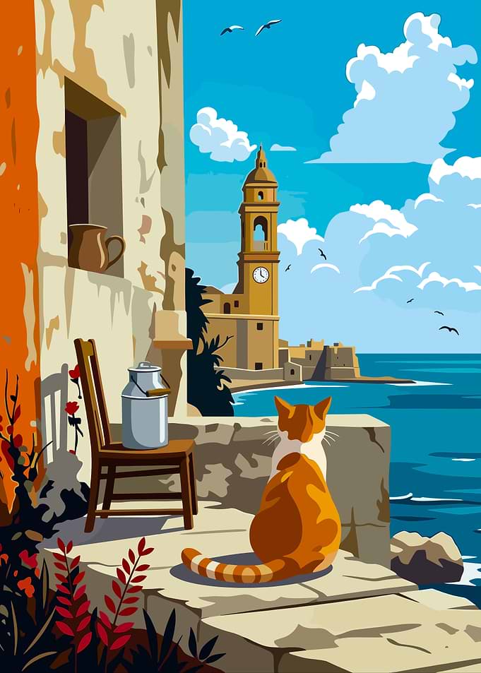 Cat overlooking coastal town