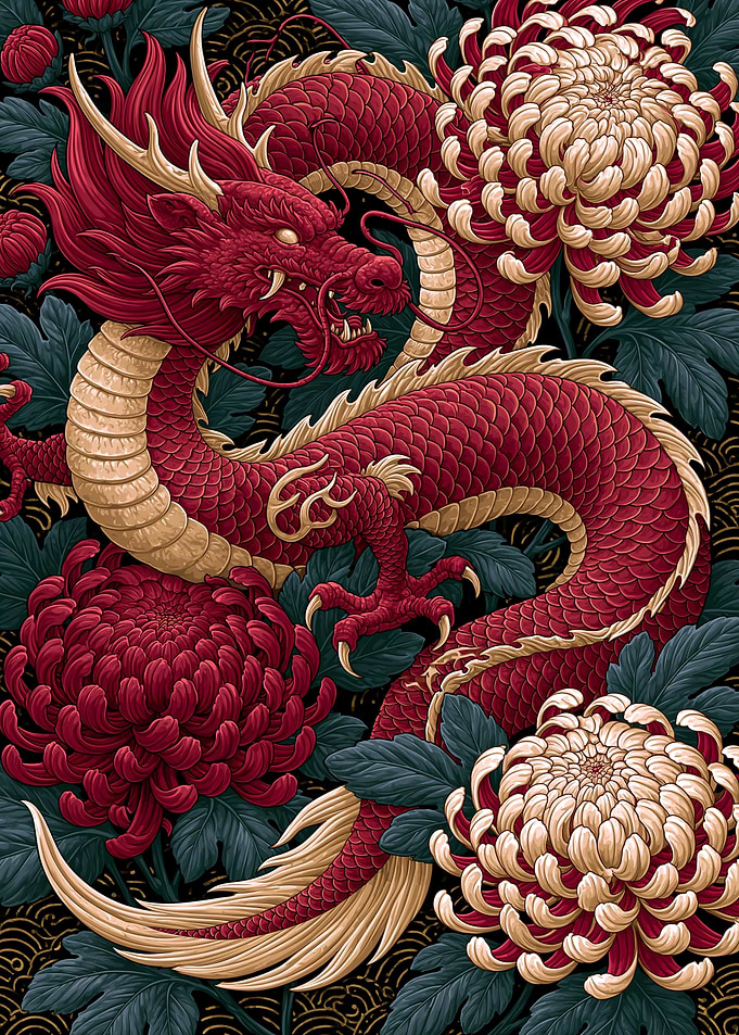 Red Dragon with Chrysanthemums