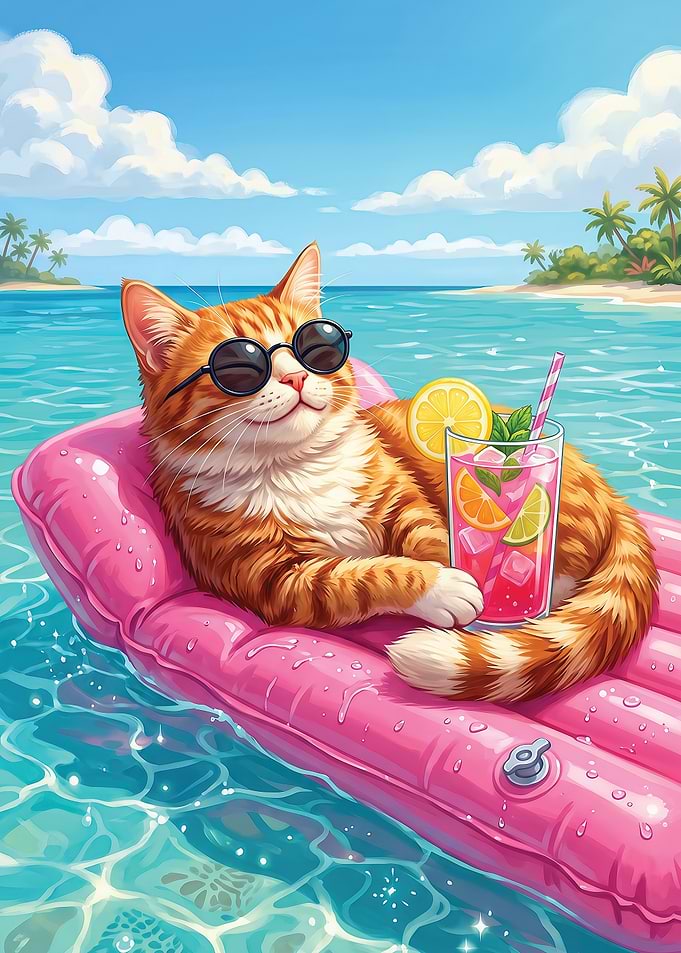 Cat on a float with a drink