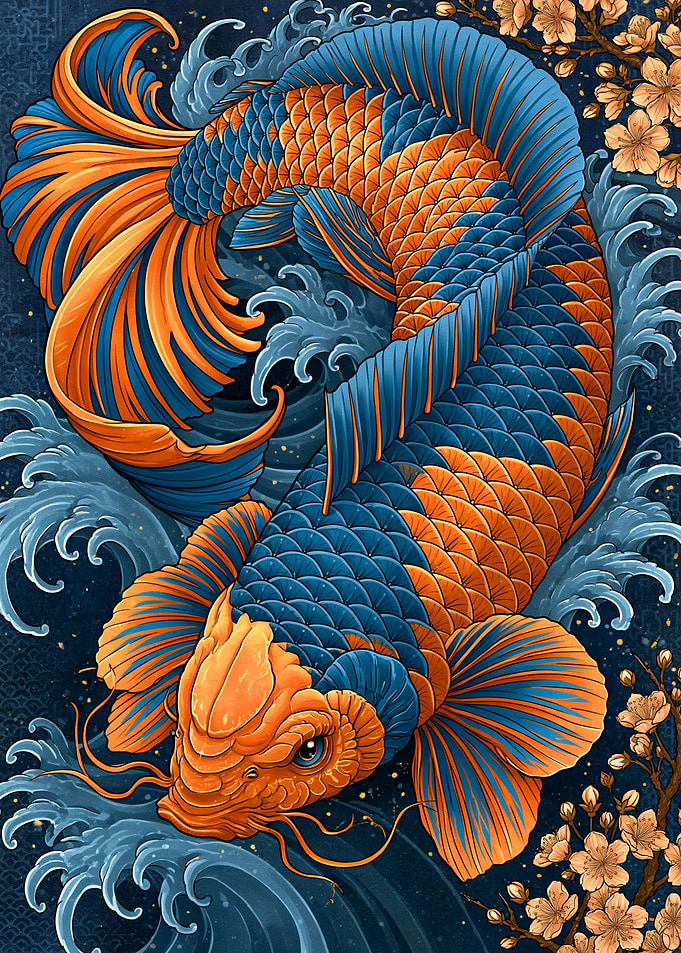 Koi Fish with Waves and Cherry Blossoms