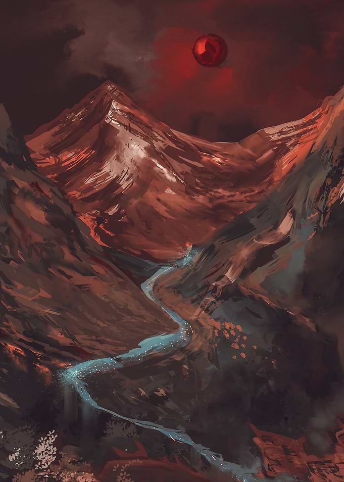 Crimson Moon Over Mountain River Red Planet Mars