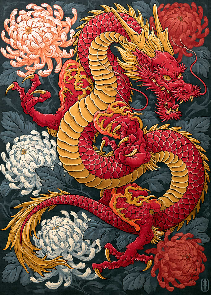 Red Dragon with Chrysanthemums