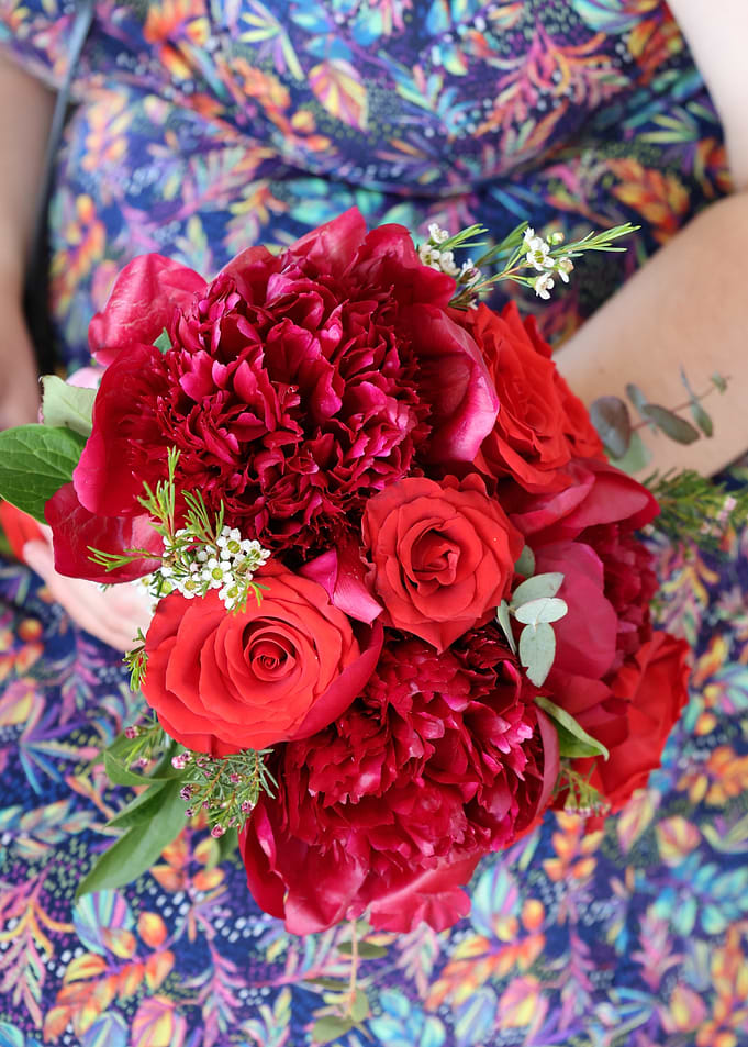 Red Peony and Rose Bouquet