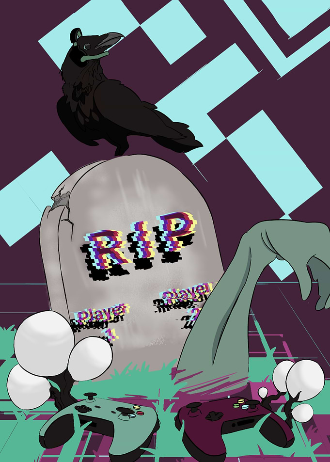 Gamer's RIP Tombstone with Controllers