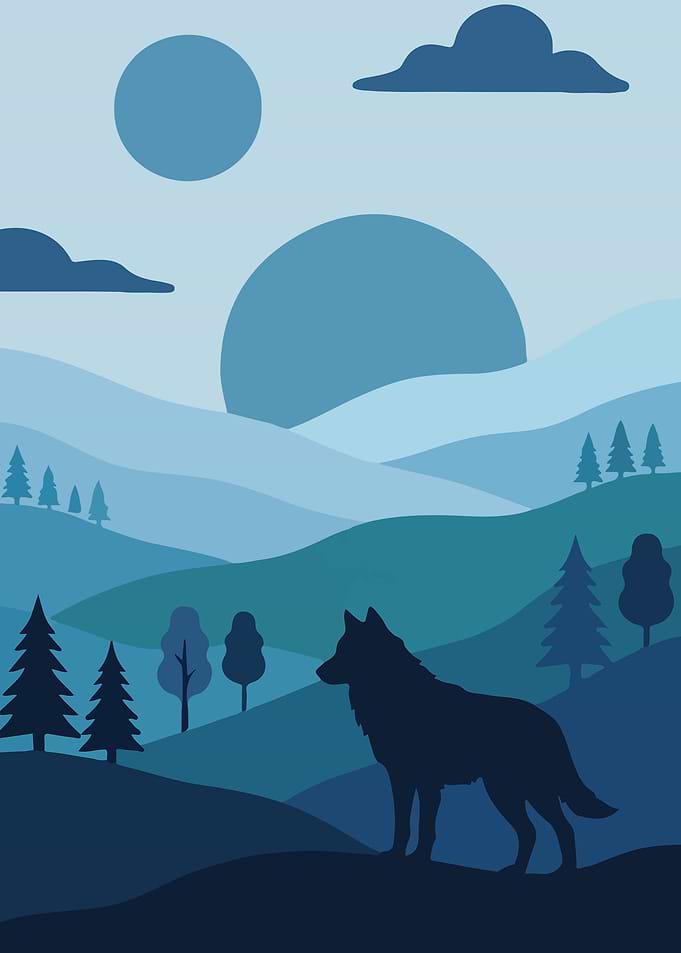 Blue Silhouette Wolf and Twin Moons Landscape
