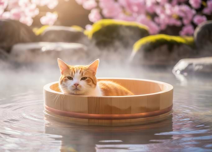 Cat relaxing in a hot spring