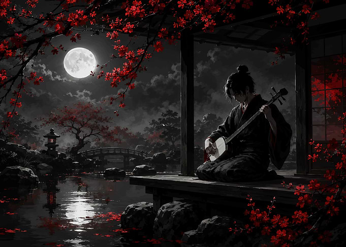 Samurai Playing Music Under the Moon