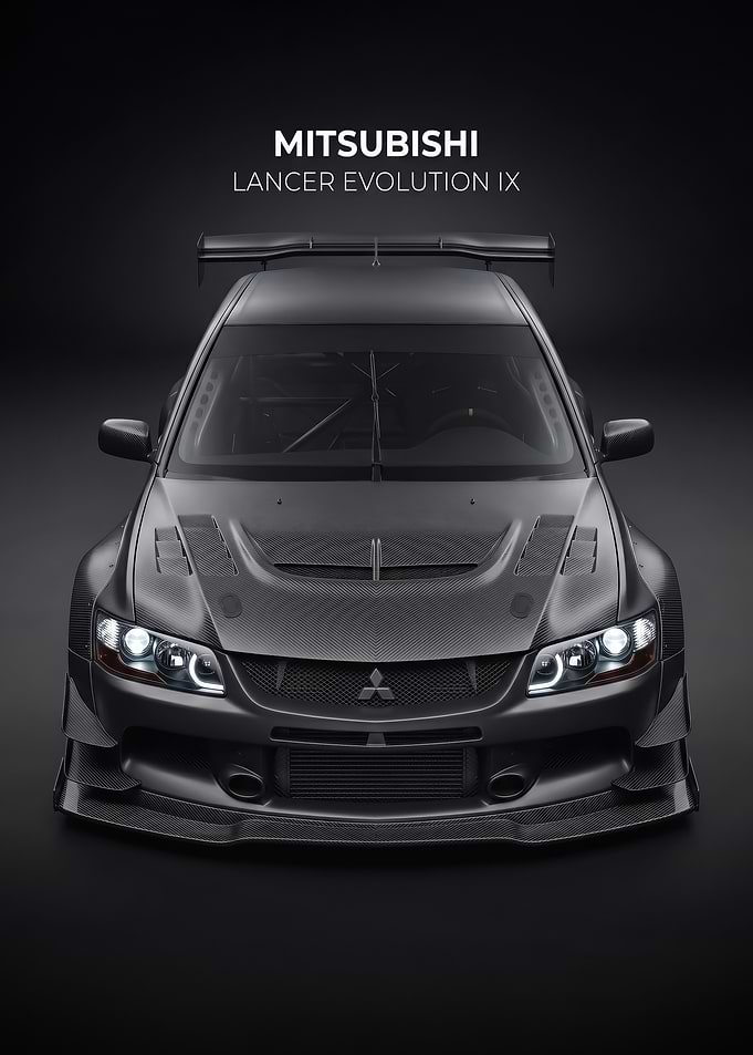 sleek dark Mitsubishi Lancer Evolution IX car poster