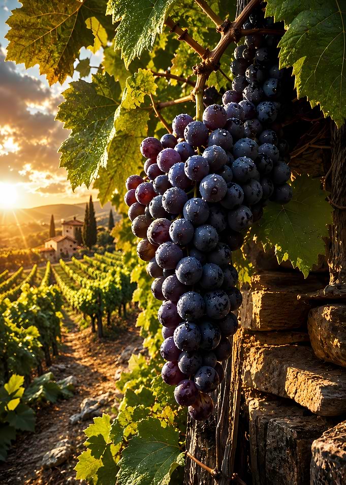 Grapes in a Vineyard at Sunset