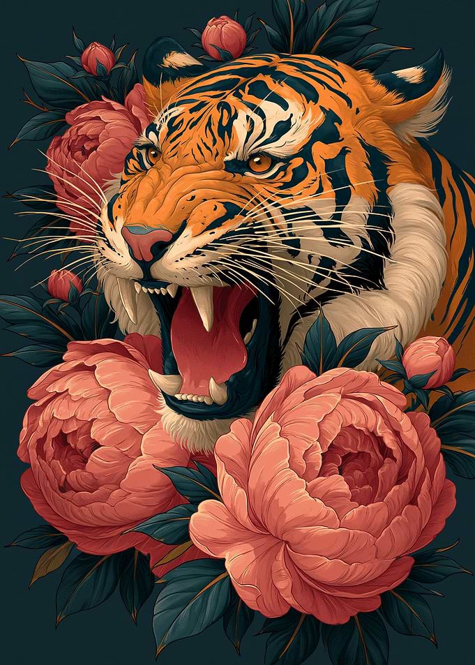Tiger Roaring Amongst Peonies