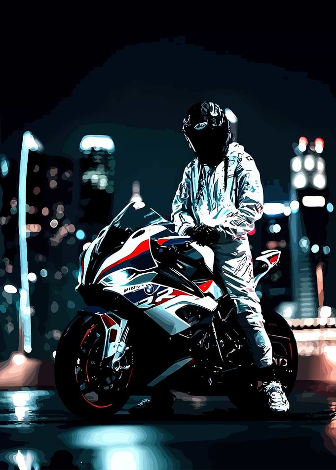 Rider on a BMW motorcycle at night