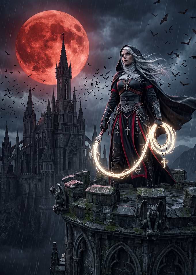Gothic Nun with Whip and Red Moon