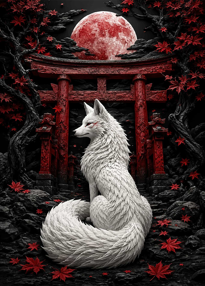 White Fox Under Red Moon