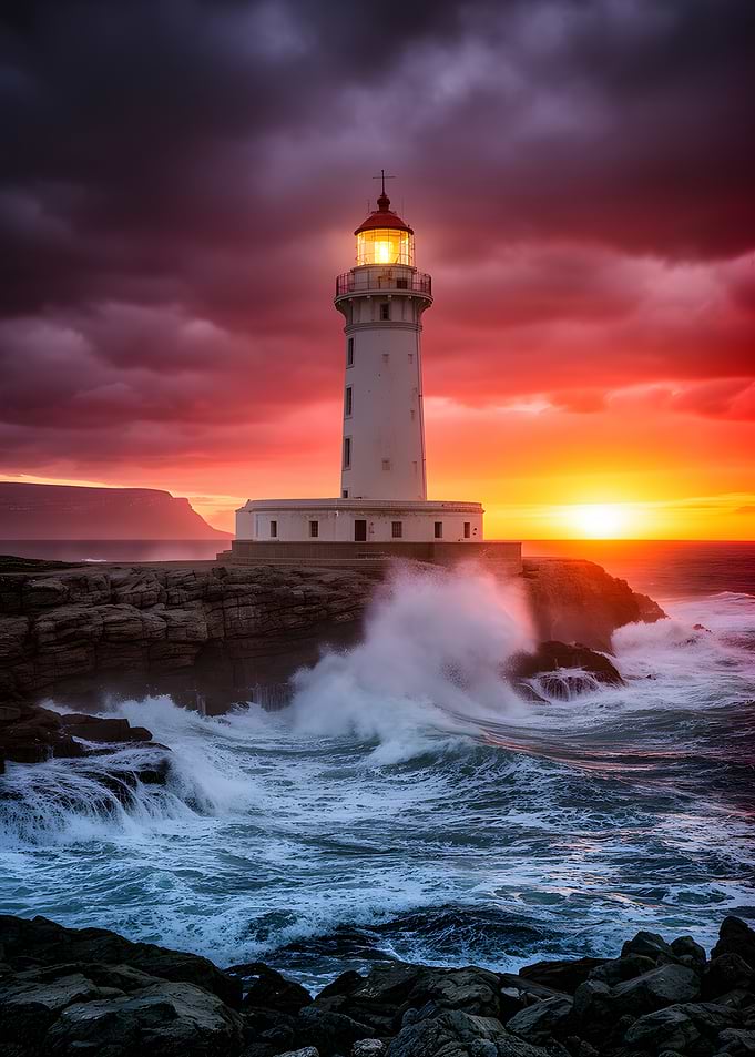 Lighthouse at Sunset with Crashing Waves