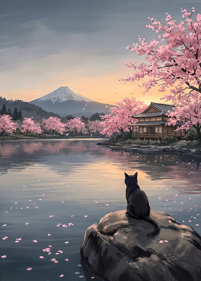 Black Cat Gazing at Mount Fuji Sunset