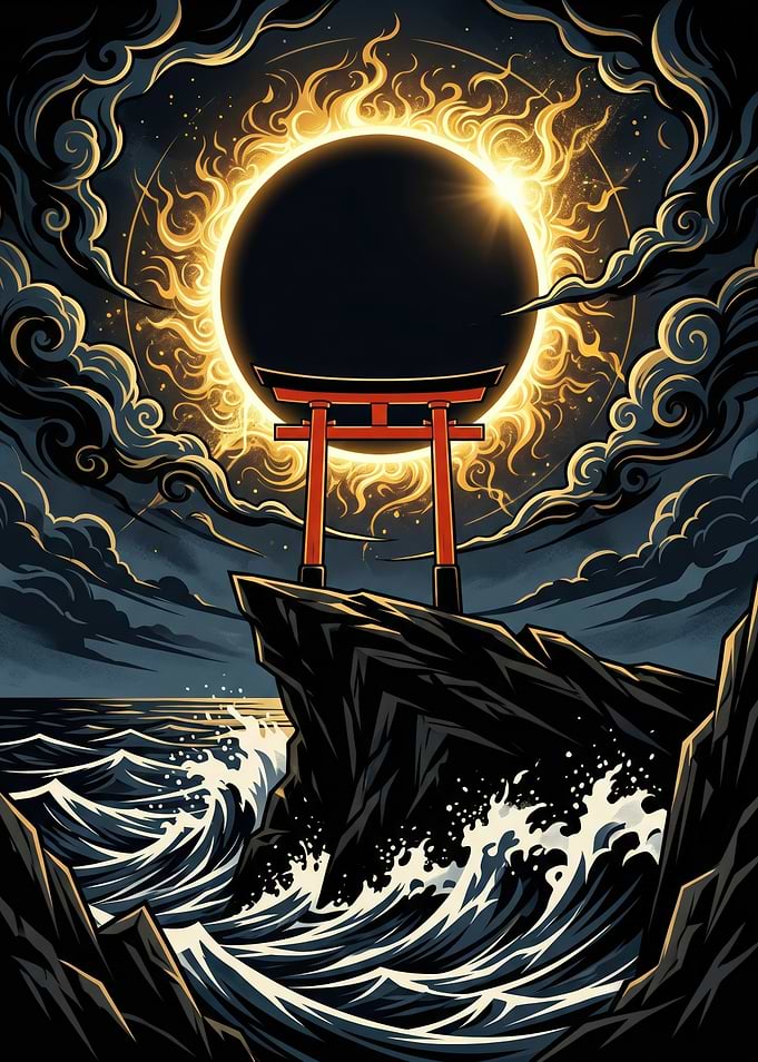 Japanese Torii Gate Stormy Sea Solar Eclipse Dark Fantasy Art