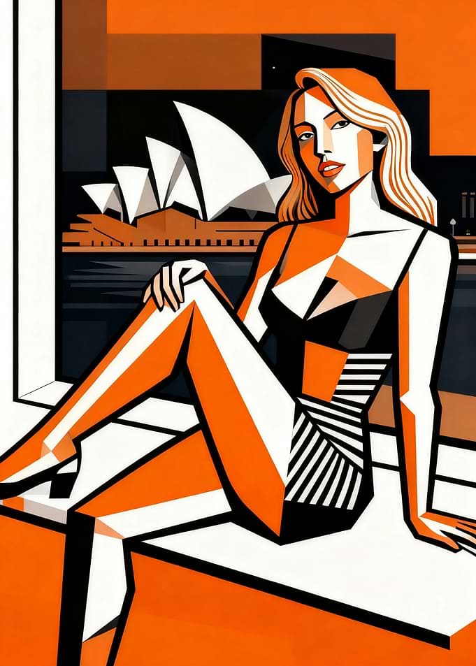 Woman in swimsuit with Sydney Opera House